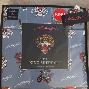 Ed Hardy Blue King Sheet Set with Skull and Tiger Design